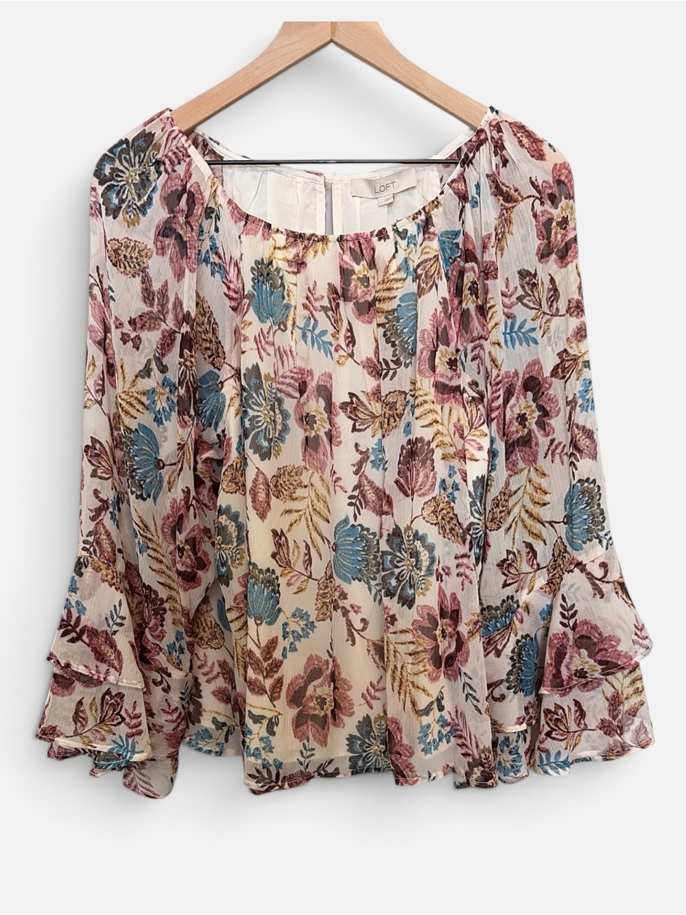 New LOFT Cream Floral Blouse with Pink, Golden & Blue Accents